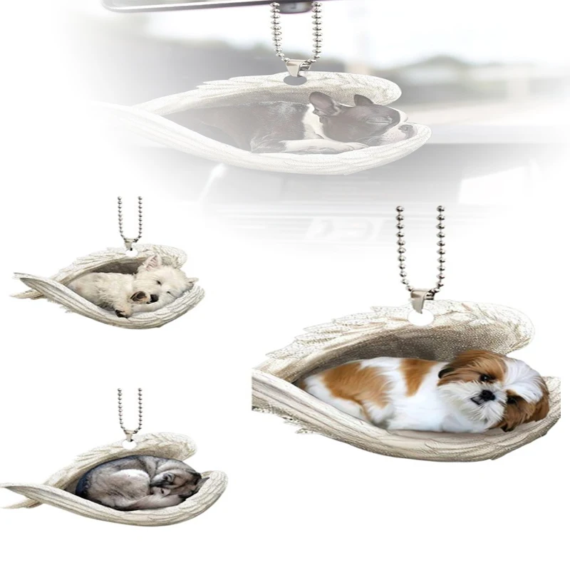 1*Creative Sleeping Angel Wing Puppy Memorial 2D Flat Car Rear View Mirror Accessories Ornament Decoration Hanging Charm Pendant