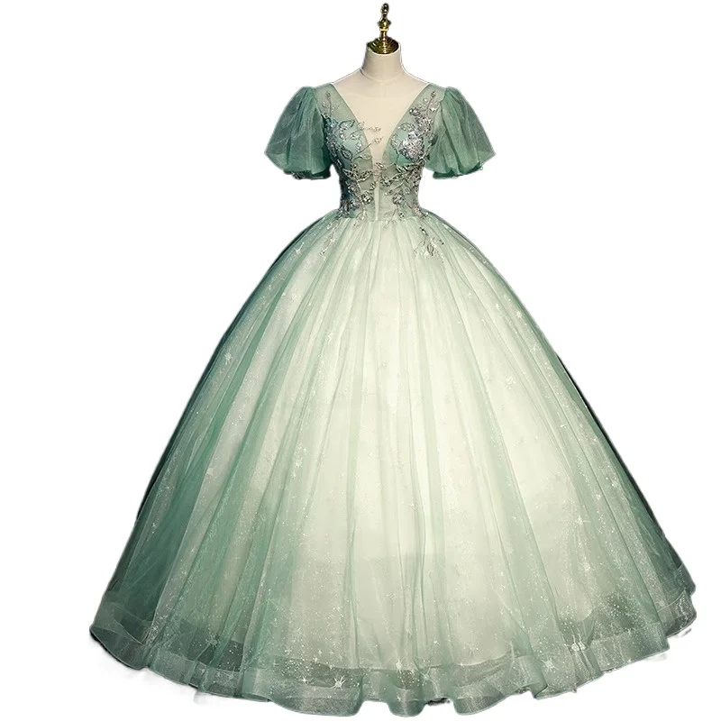 Abito da sera con scollo a V ricamato in rete nuova da donna Gonna a sbuffo con ciondolo grande per cerimonia per adulti elegante e atmosferica alla moda