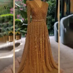 Arabic Muslim V Neck Luxury Beaded Evening Dresses A-Line Hijab Modest Dubai Party Gowns for Formal Occasions 2025 Customized
