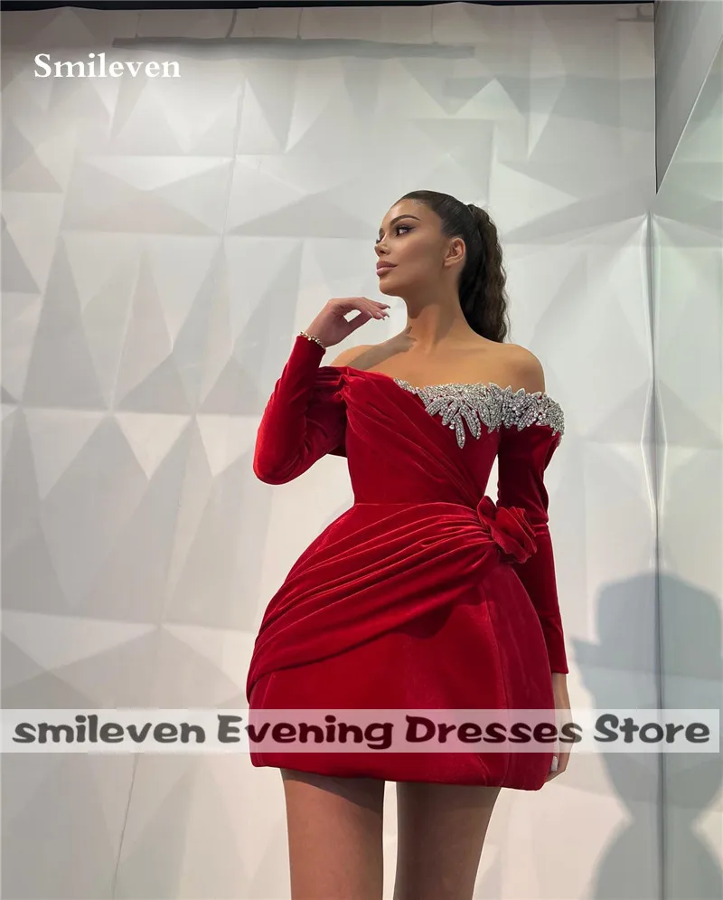 Smileven Burgundy Velvet Short Evening Dresses Beading Long Sleeve Mini Saudi Arabia Robe De Soirée Party Prom Dress Customized
