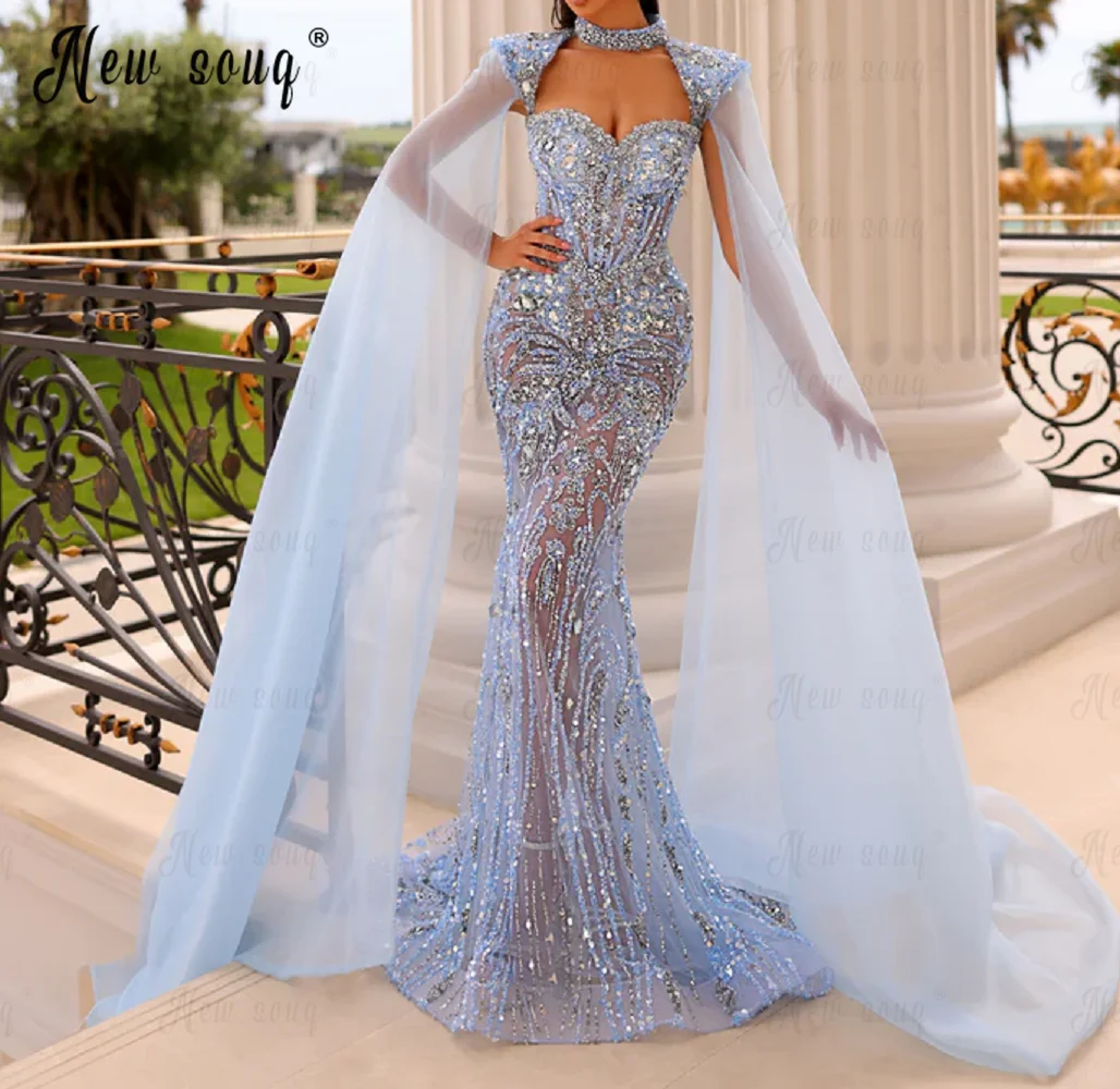 вечернее платье Light Blue Shoulder Pad Long Cape Sleeve Evening Dress Sparkle Beaded Mermaid Illusion Party Gowns Custom Made