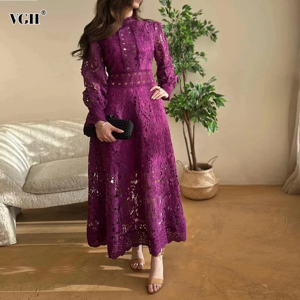 VGH Purple Hollow Out Elegant Dress For Women Round Neck Lantern Sleeve High Waist Embroidery Dresses Female Fashion New 2024