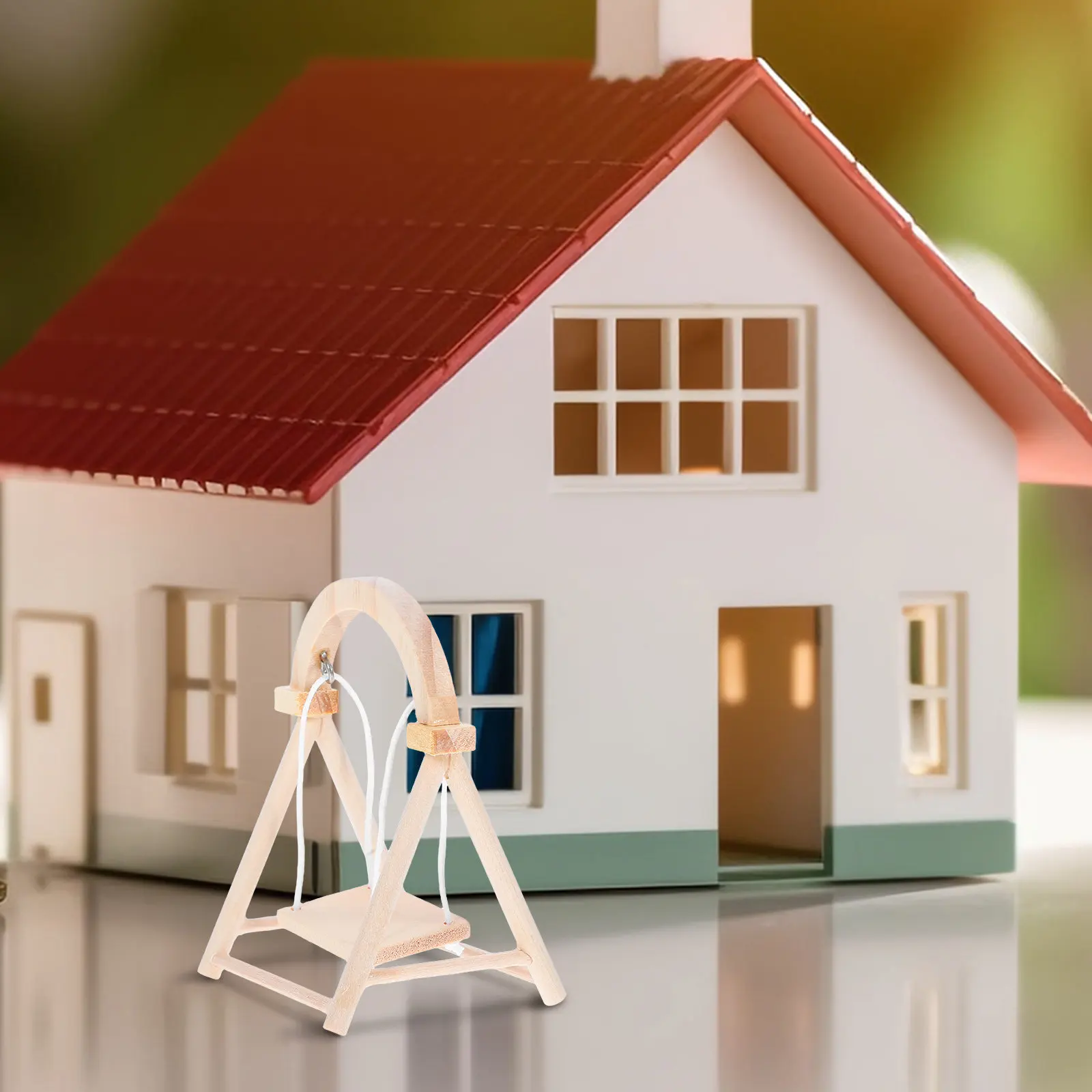 

Реалистичные миниатюрные качели с деревянной отделкой для кукольного домика, идеально подходят для украшения наружных сцен и декора рабочего стола.