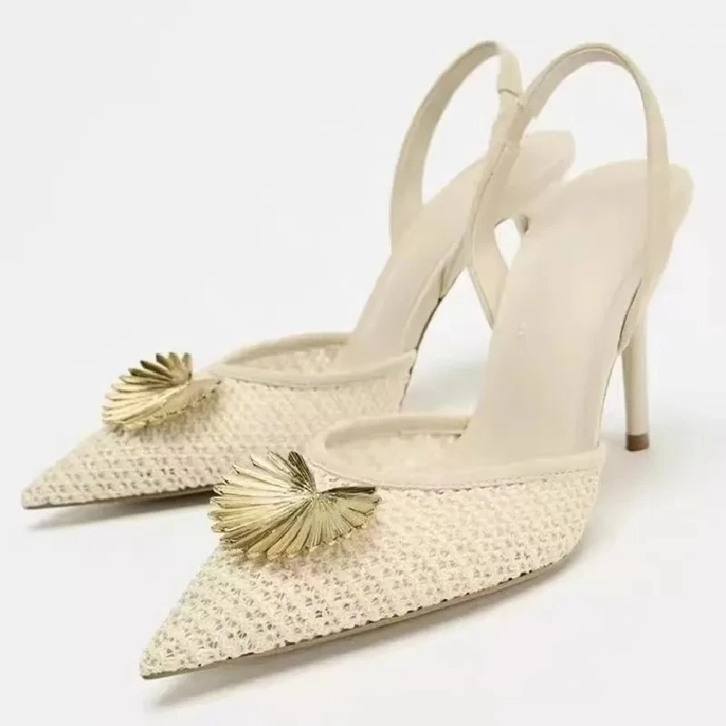 نسج شبكة مثير أشار تو مضخات النساء الصنادل زخرفة المعادن أنيقة أحذية خفيفة عالية الكعب العلامة التجارية مصمم أحذية الزفاف #1