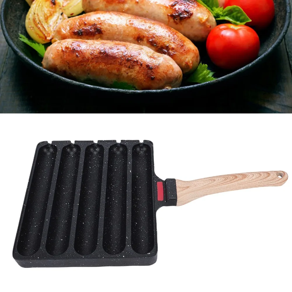 Aluminum Alloy Sausage Grill Pan Wooden Handle Nonstick Hot Dog Skillet Hanging Hole Even Heat Distribution Breakfast Skillet