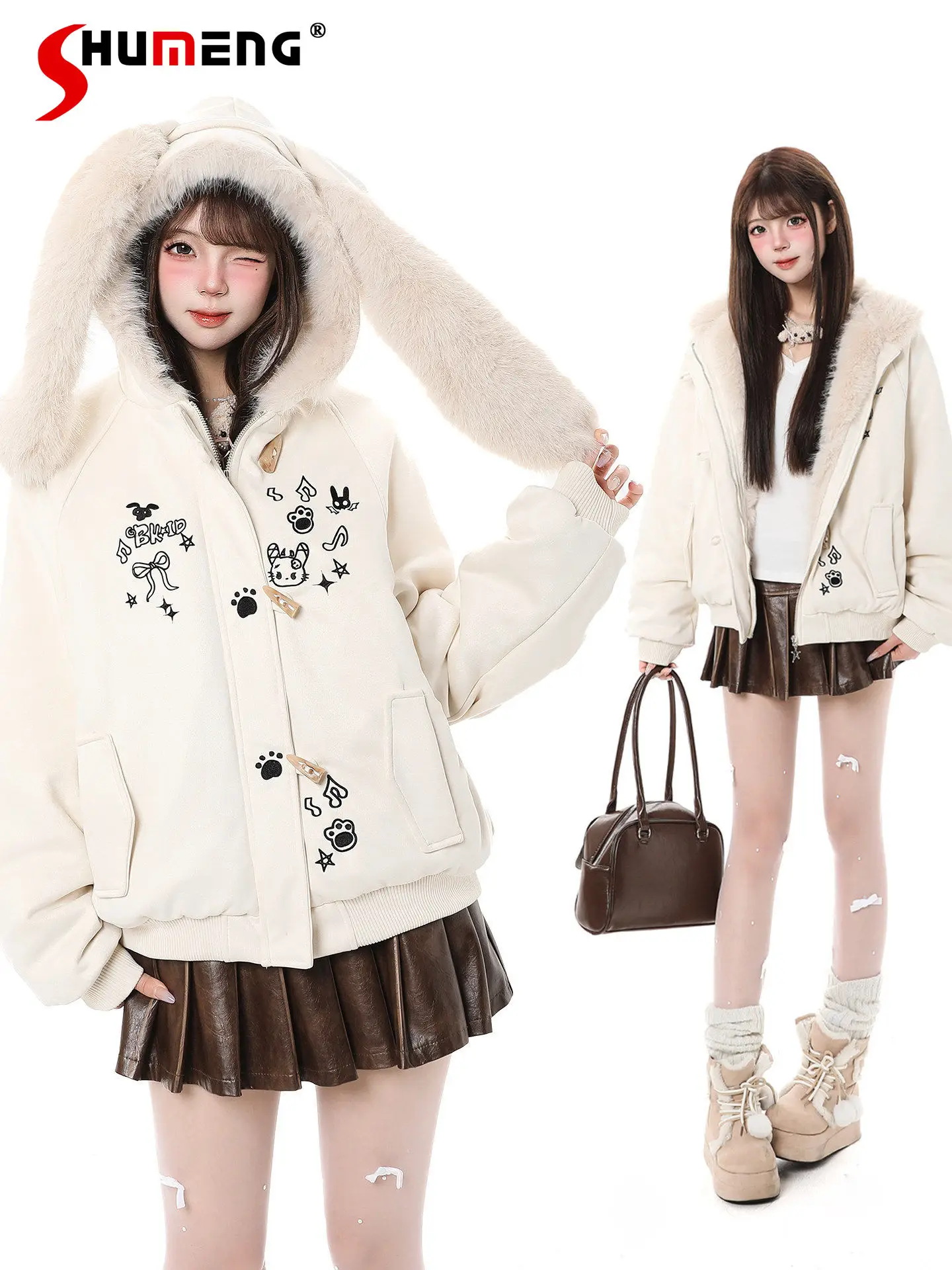 

Sweet Cool Girl's Cartoon Embroidered Rabbit Ears Plush Hooded Cotton Jacket for Women Winter Parkas Loose Thickened Warm Coats