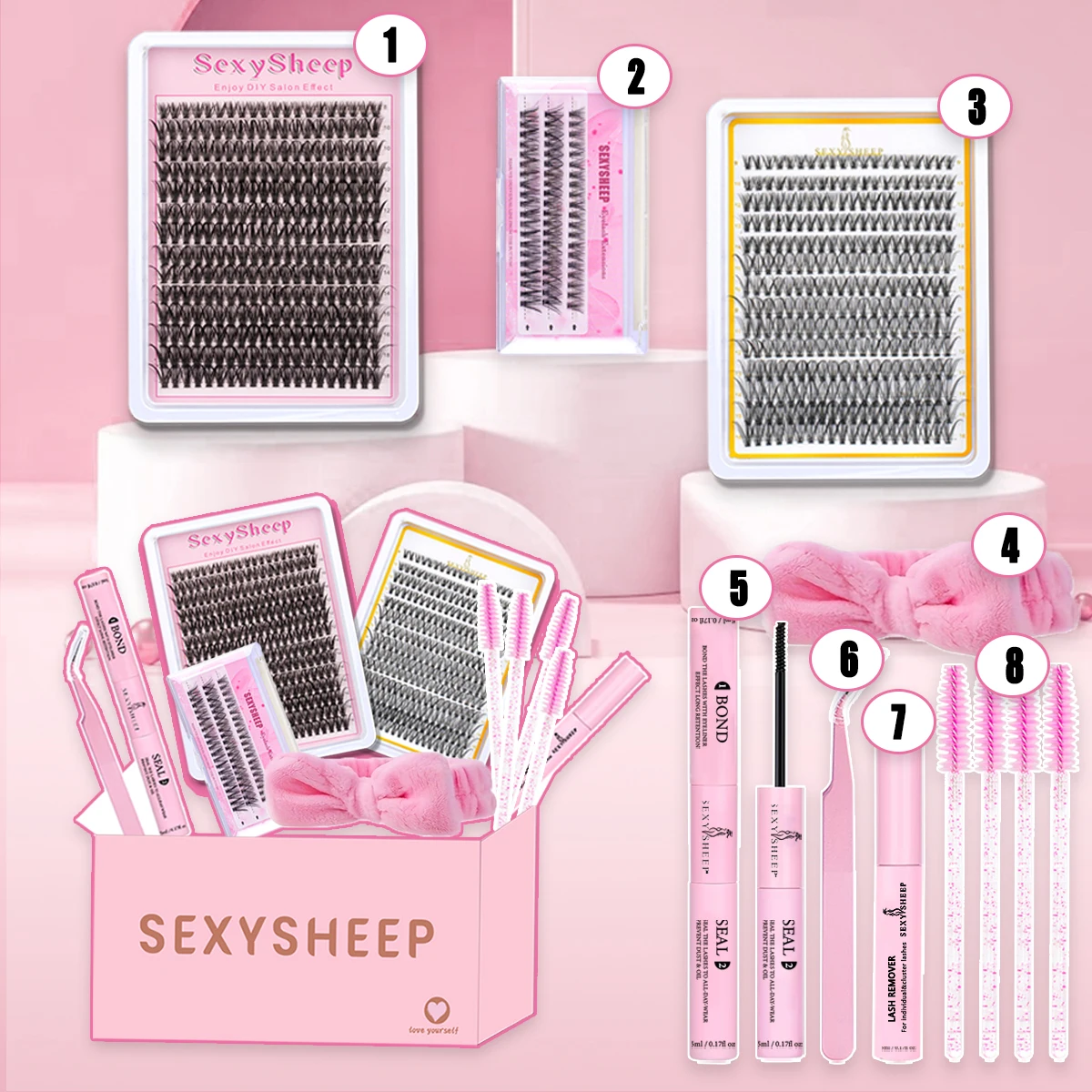Zestaw do przedłużania rzęs Diy Lash Extension Kit Eyelash Cluster Individual Lashes Kit Lash Bond and Seal Lash Tweezers Remover Hair band Eyelash Gift Box