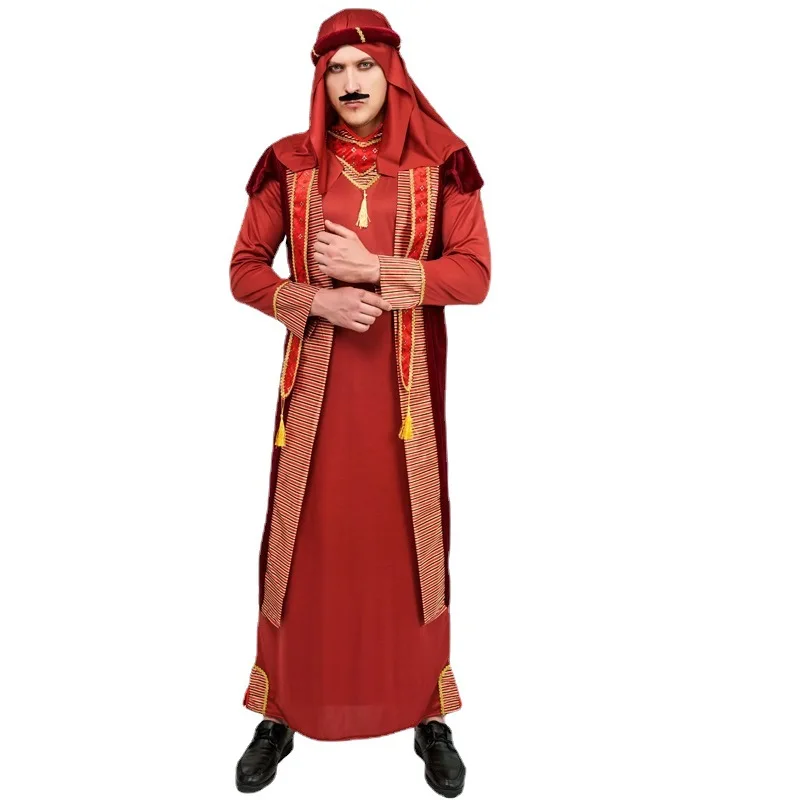 Adult Men's Arab Elder Costume Party Stage Performance Costume 3pcs Headscarf Robe Sleeveless Jacket