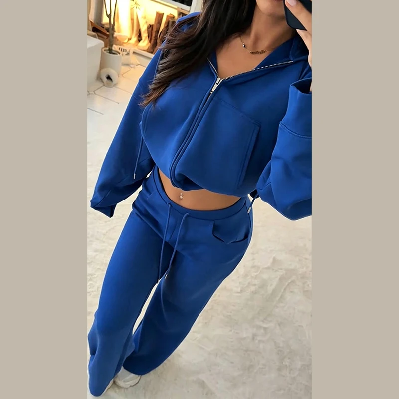 Damen-Hosen-Sets mit Kapuze, Langarm-Reißverschluss, Oversize-Mäntel, Kordelzug-Taille, Schlaghosen, Frühling-Herbst, schicke neue Outfits für Damen – Detail 22