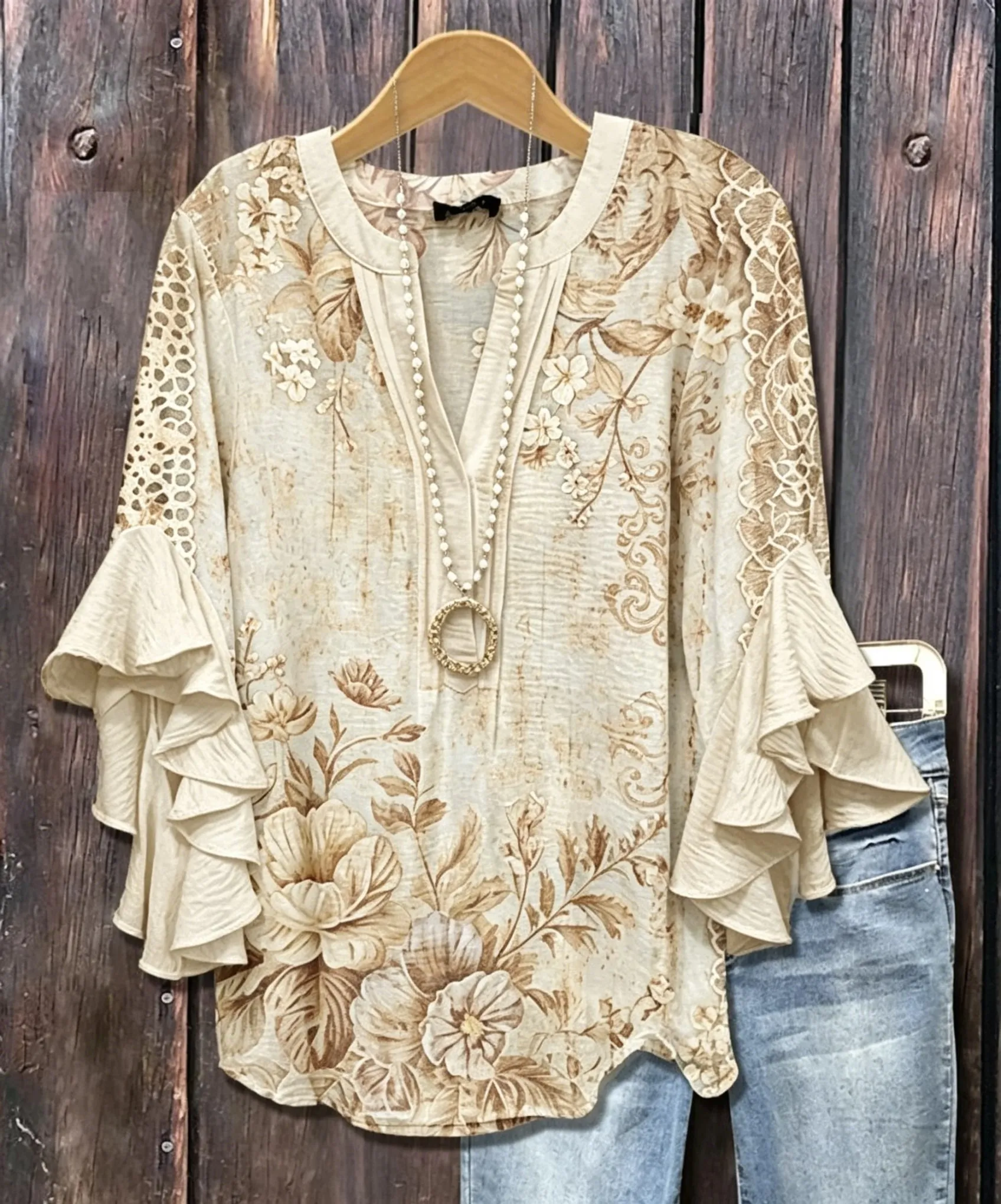 Women's Ruffle Sleeve Floral Lace Trim V Neck Casual Blouse Elegant Daily Tops for Spring Summer