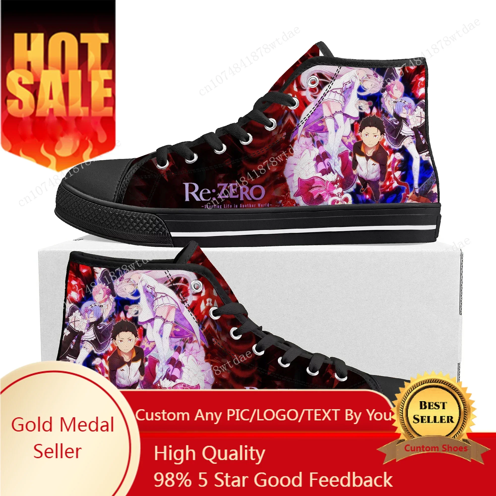 

Re:Zero High Top Sneakers Mens Womens Teenager Emilia High Quality Canvas Sneaker Anime Manga Cartoon Casual Custom Made Shoes