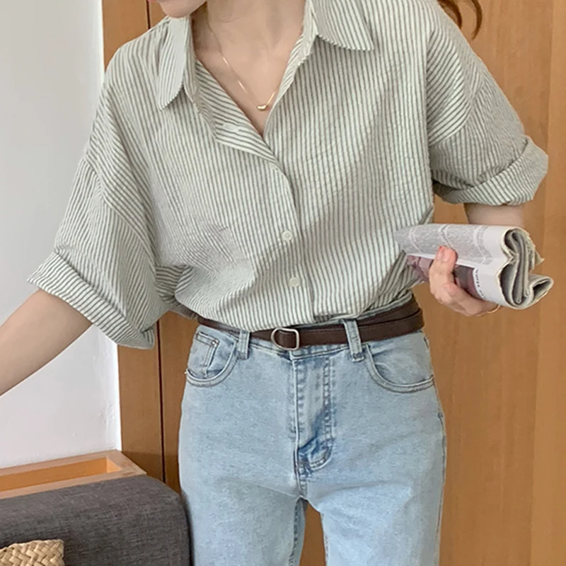 Korean Striped Women Shirt Summer Loose Sweet Short Sleeve Female Blouse Y2K New All Match Button Turn Down Collar Ladies Tops