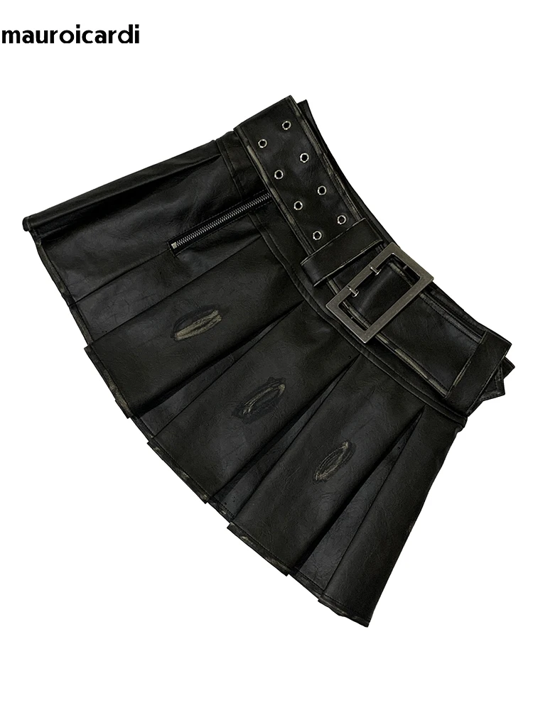 Lautaro Summer Autumn Distressed Brown Pu Leather Mini Pleated Skirt Women Belt High Waist  Short Luxury Designer Clothes 2025