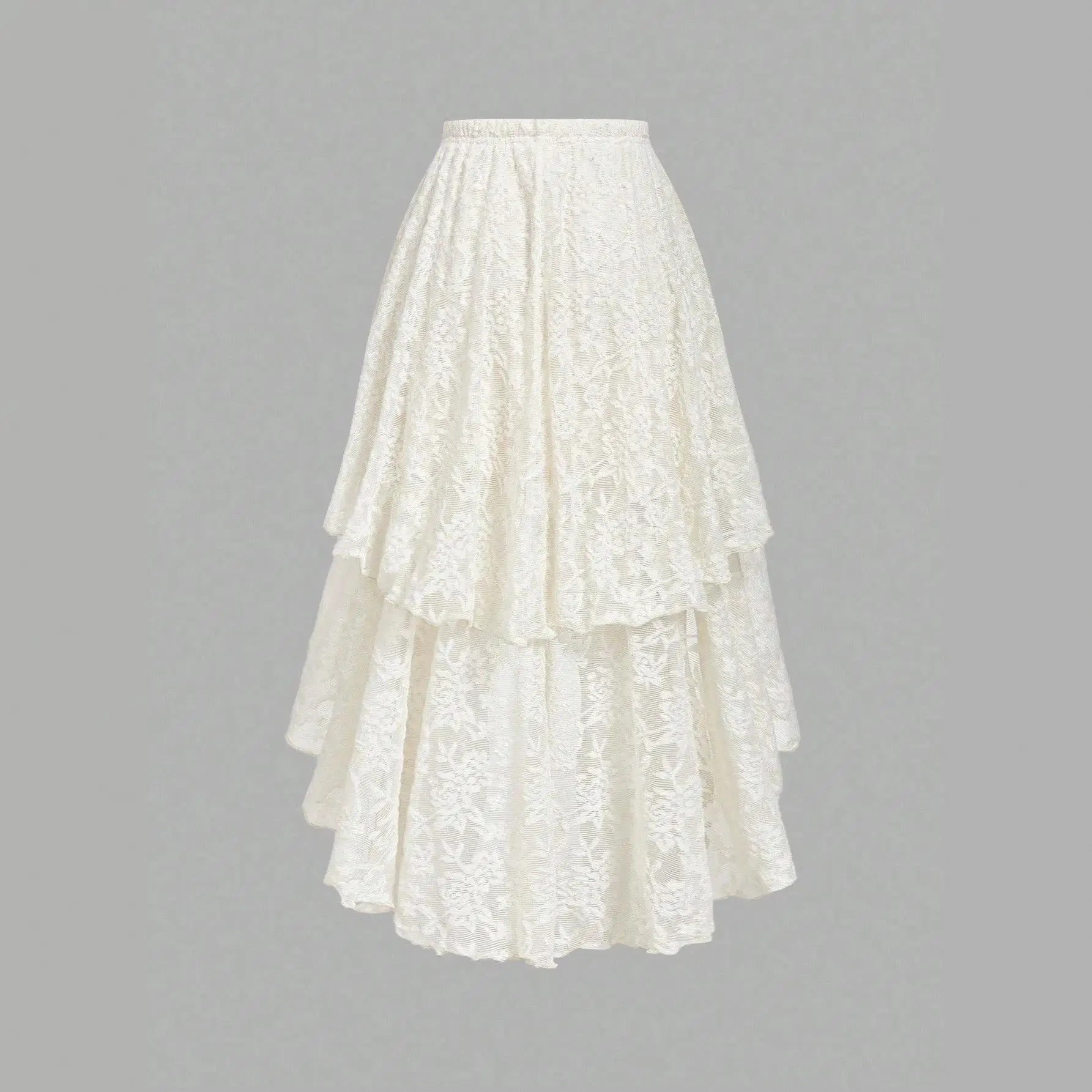 Elegant Lace Embroidery A-Line Midi Skirt Cake Design Three-Layer Asymmetrical Hemline mid Waist Sexy Style for Travel Use