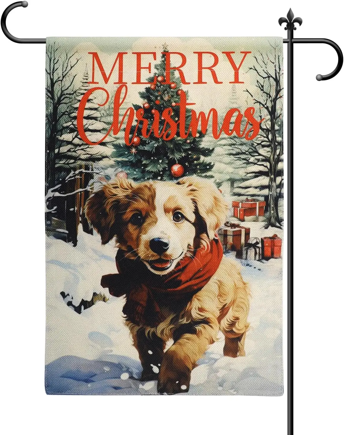 Merry Christmas Dog Flag, 12x18 Inch Double-Sided Burlap Winter Garden Flag Puppy Gift Box Decoration Ball Christmas Tree Yard F