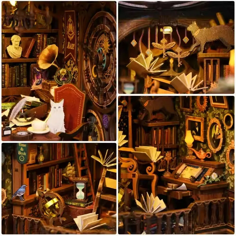 Magic Time Library DIY Book Nook - 3D puzzelbouwpakket met LED, miniatuur boekenplank insteekmodel, creatief cadeau Boekenliefhebber