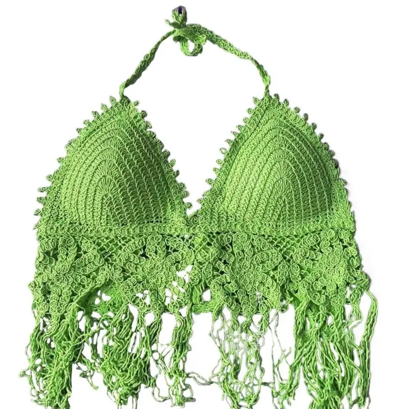 652F Crop Top Hollow Out Crochet Knit Sequins Tassels Bra Halterneck Beach Vests for Women