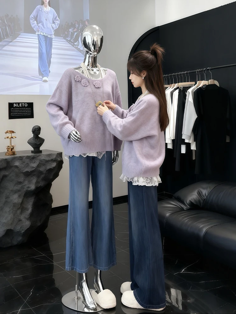 

Winter Faion plus Size Knitted Purple Sweater And Jeans Set Korean Sle High Waist Long Pants Warm And Comfortable Women's...