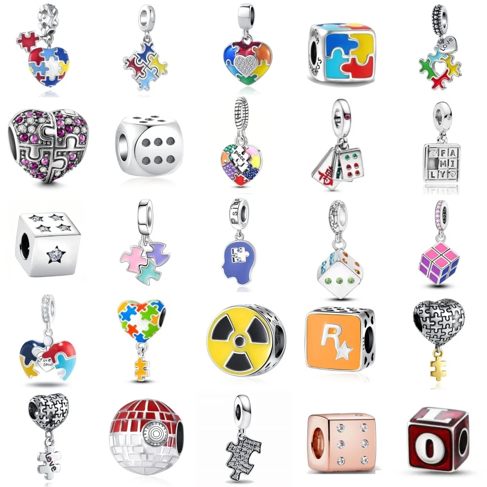 Pingente de Coração em Formato de Peça de Quebra-Cabeça com Contas de Jogo de Poker e Dados da Moda, Acessório de Prata 925 para Pulseira Original, Joias DIY Femininas