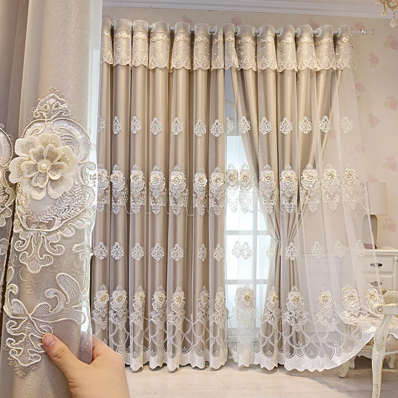 

Luxury 3D Floral Embroidered Window Curtains For Bedroom Living Dining Room Tulle Fabric Double Thick Blackout Curtain