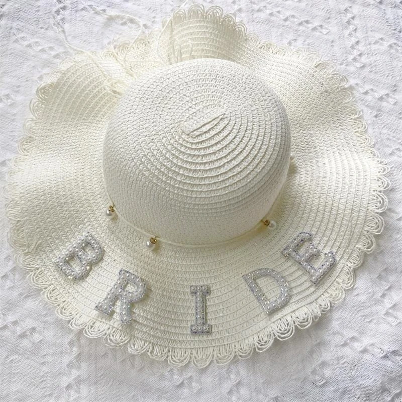 400A Straw Weaving Bride Hat with Pearl BRIDE/MRS for Wedding Bachelorette Party