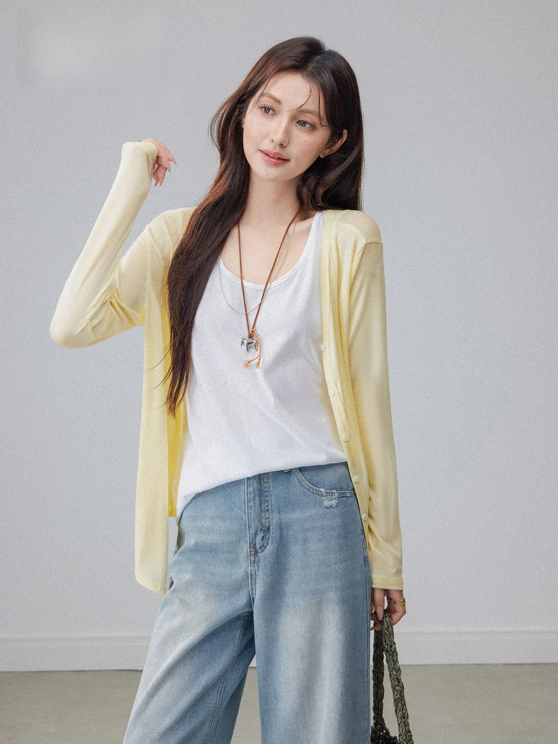 

Women's Yellow Thin Long Sleeve Sun Protection Cover up Tank Top Set Spring Loose Lazy Layering Sleeveless Vest Two Piece Set...