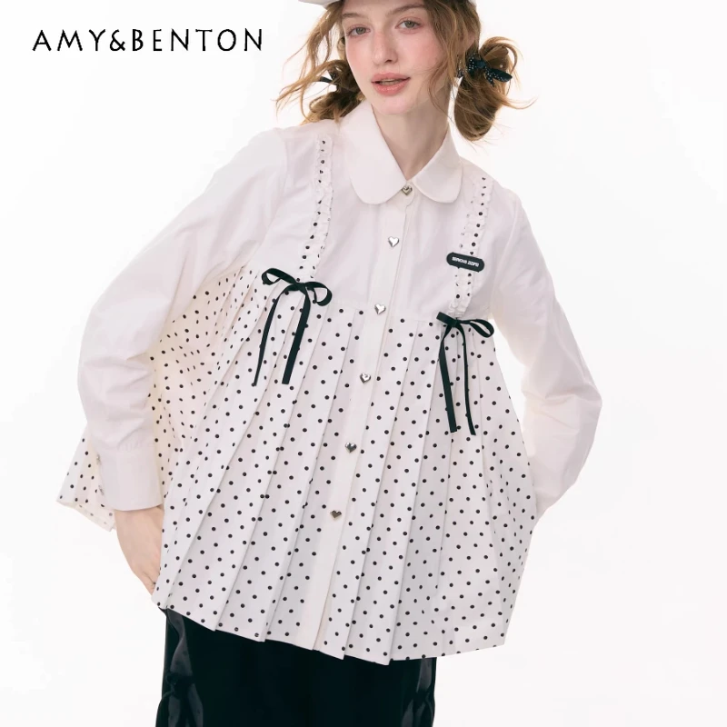 

Autumn Winter New Cute Bow Doll Collar Women's Shirt French Design White Polka Dot Loose Versatile Long Sleeve Shirts Ladies