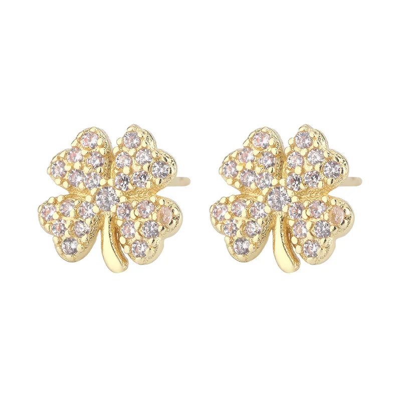 Simple Sweet Gold Silver Color Zircon Clover Stud Earrings for Women Daily Wear Versatile Earring Jewelry Accessories