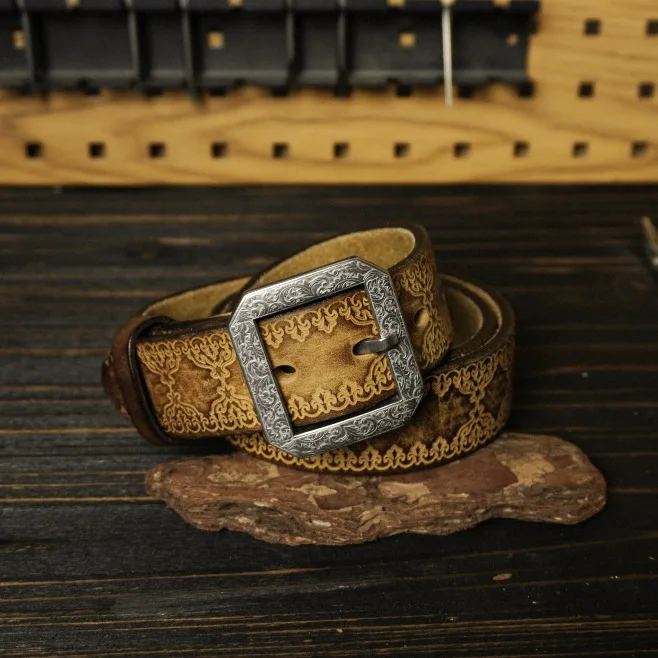 

Men's Thickened 6MM Bison Leather Belt with Engraved Pattern and Stainless Steel Buckle Genuine Leather Practical Cowhide Belt