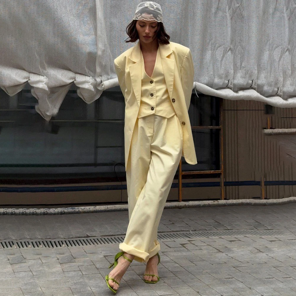 우아한 여성용 쓰리피스 팬츠 세트 싱글 브레스티드 노치 라펠 블레이저 프로페셔널 비즈니스 파티웨어 데일리 오피스 수트