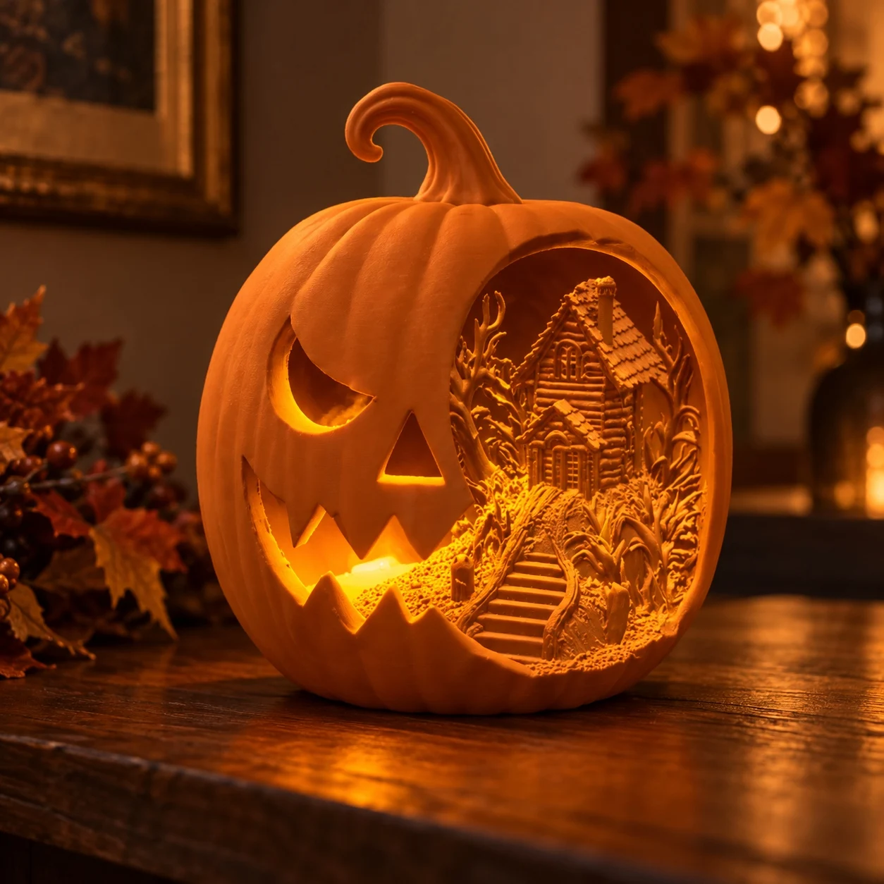 Halloween Pumpkin Haunted House Decor, 3D Printed Jack O Lantern Diorama, Miniature Cottage Tabletop Ornament