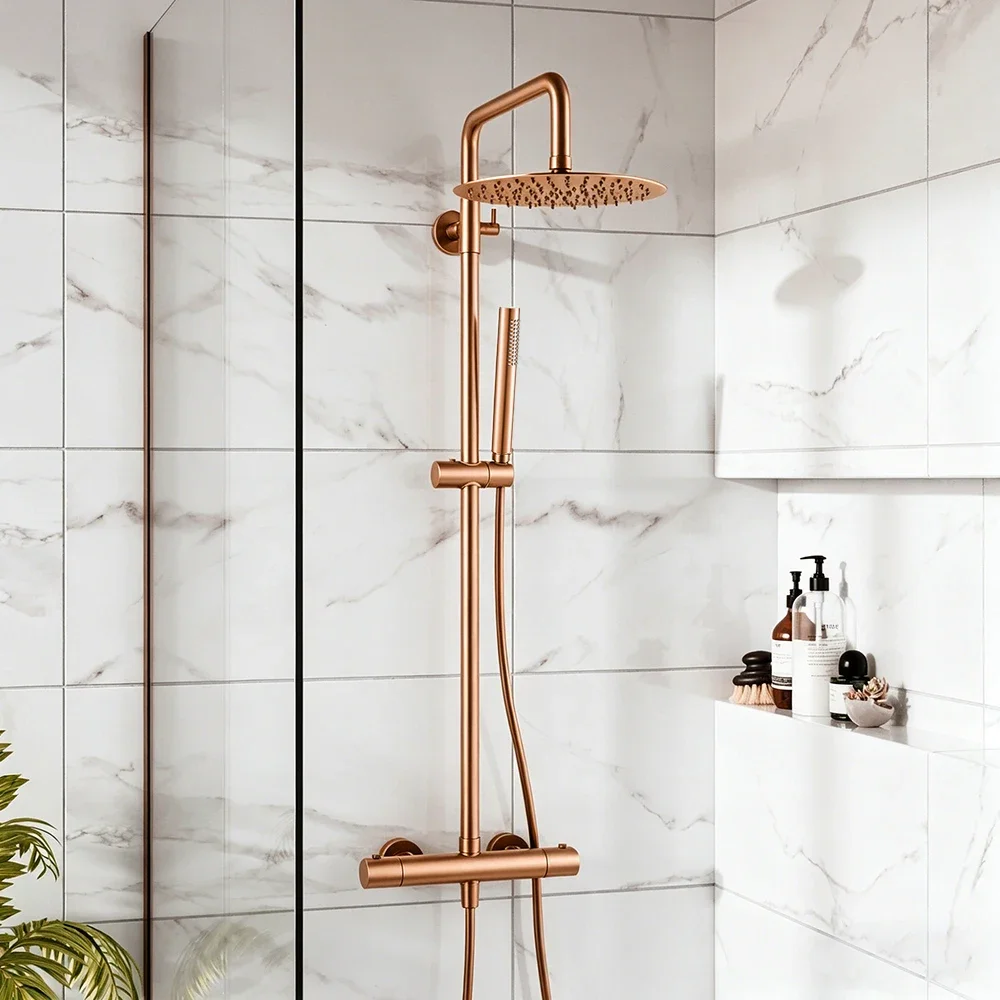 Wall Mounted Thermostatic Shower Set for Bathroom Brass Brushed Rose Gold Bath Faucet Shower System, Brushed Gold, Gunmetal