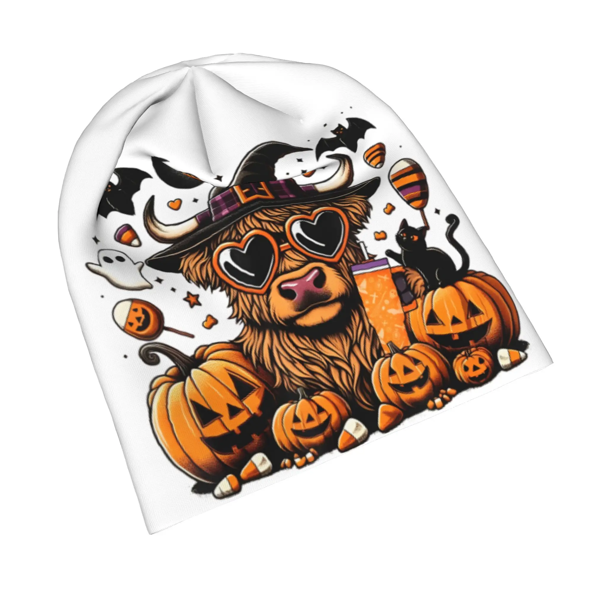 Halloween Highland Cow Bonnet Hat Outdoor Spooky Pumpkin Hello Fall Skullies Beanies Hats Unisex Warm Thermal Elastic Caps