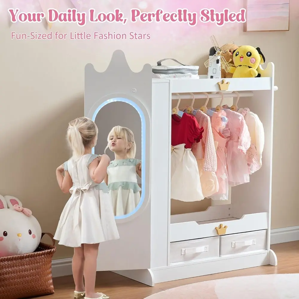子供用鏡付きクローゼット、棚付き、女の子用プリンセスドレスアップラック、子供用衣類ラック、ベッド用ワードローブクローゼット