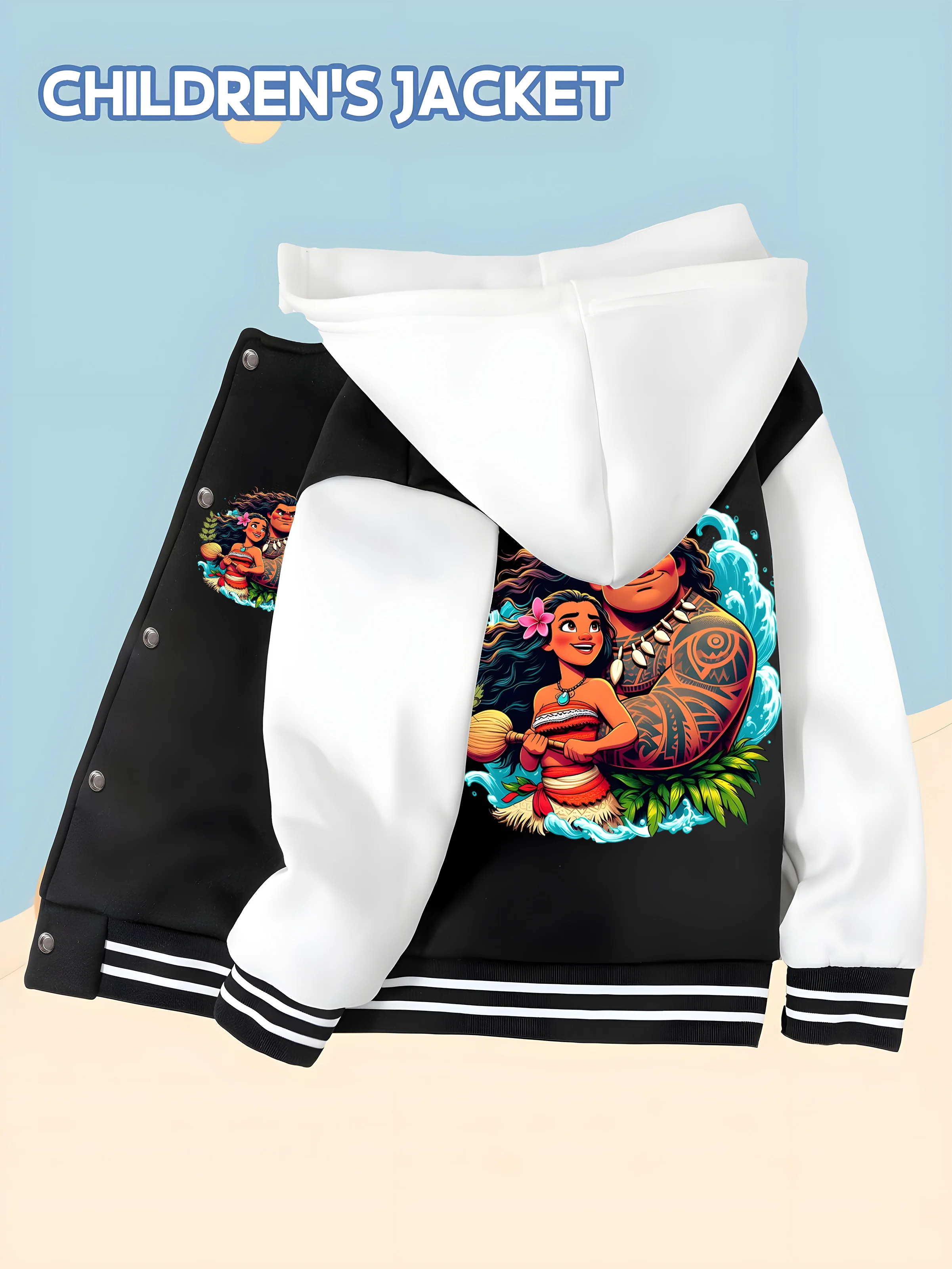 

MINISO Disney Moana Baseball Jacket for Boys - Reversible Moana and Maui Print, Soft Fabric for Fall/Winter School