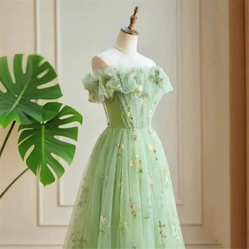 Forest Green Ruffle Dress, Off Shoulder Wedding Party Guest Prom Dress, Tulle Corset Midi Dress,  Fairytale Evening Dress