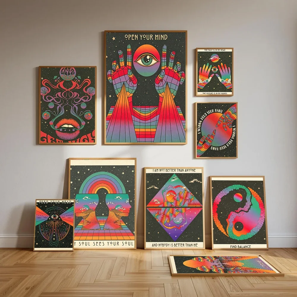 Retro Bohemian Retro Psychedelic Posters, Inspirational Quotes, Meditation, Wall Art Canvas Paintings, Hippie Pictures, Home Roo