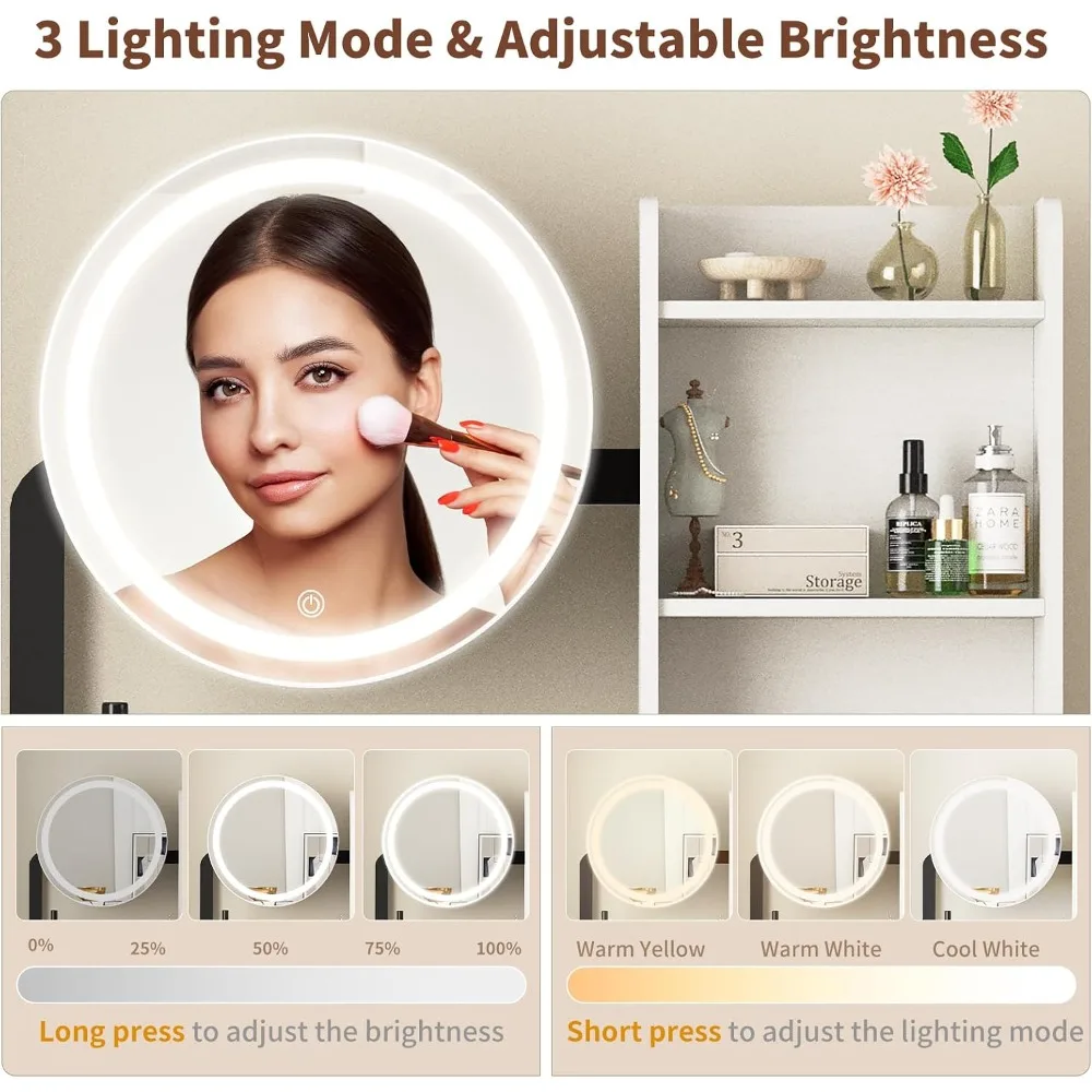 Small Vanity Desk with LED Mirror, 3 Light Modes, Power Outlet, Drawer, Shelves, Stool, Black