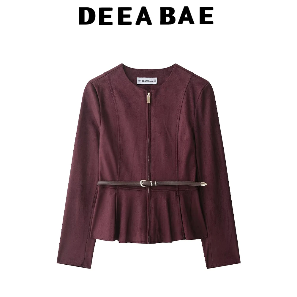 DEEABAE เสื้อแจ็คเก็ตแขนยาวคอกลมสำหรับผู้หญิงในฤดูใบไม้ร่วงพร้อมสายคาดเอวและเสื้อแจ็คเก็ตสไตล์กระโปรงสั้นหนังกลับ