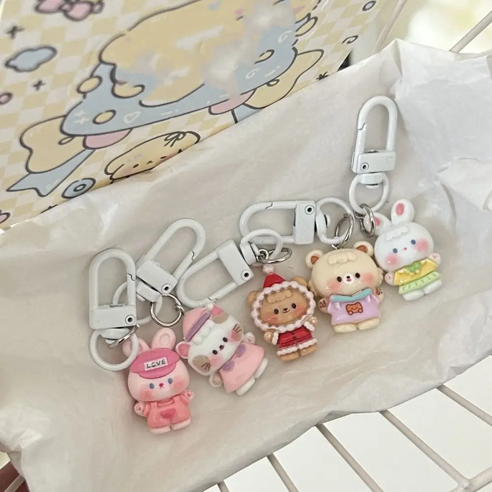 Exquisite Resin Rabbit Doll Key Chain Cartoon Creative Funny Cat Key Ring Animal Charm Bear Bag Pendant Small Gifts
