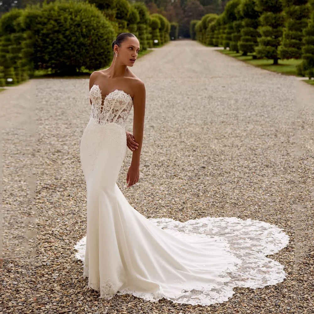 

Sweetheart Mermaid Wedding Dresses for Bride Robe De Mariee Applique Button Back Sweep Train Vestido Noiva Bride Gown Customized