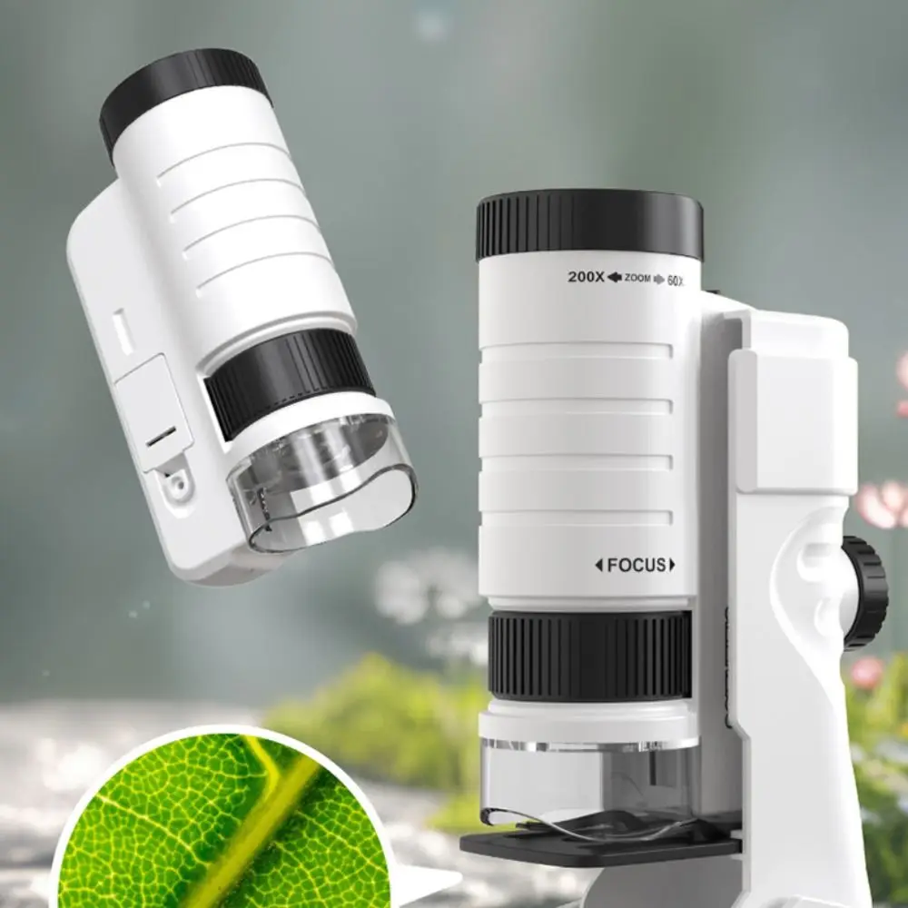 مجهر جيب تكبير 60-200x مصباح ليد يعمل بالبطارية مجهر محمول بصري عالي الدقة تصميم محمول