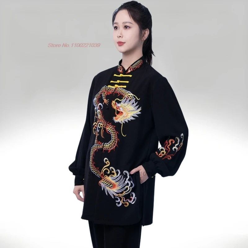 2025 chino vintage kung fu tai chi artes marciales taijiquan dragón bordado tops + pantalones conjunto wushu entrenamiento ejercicio práctica