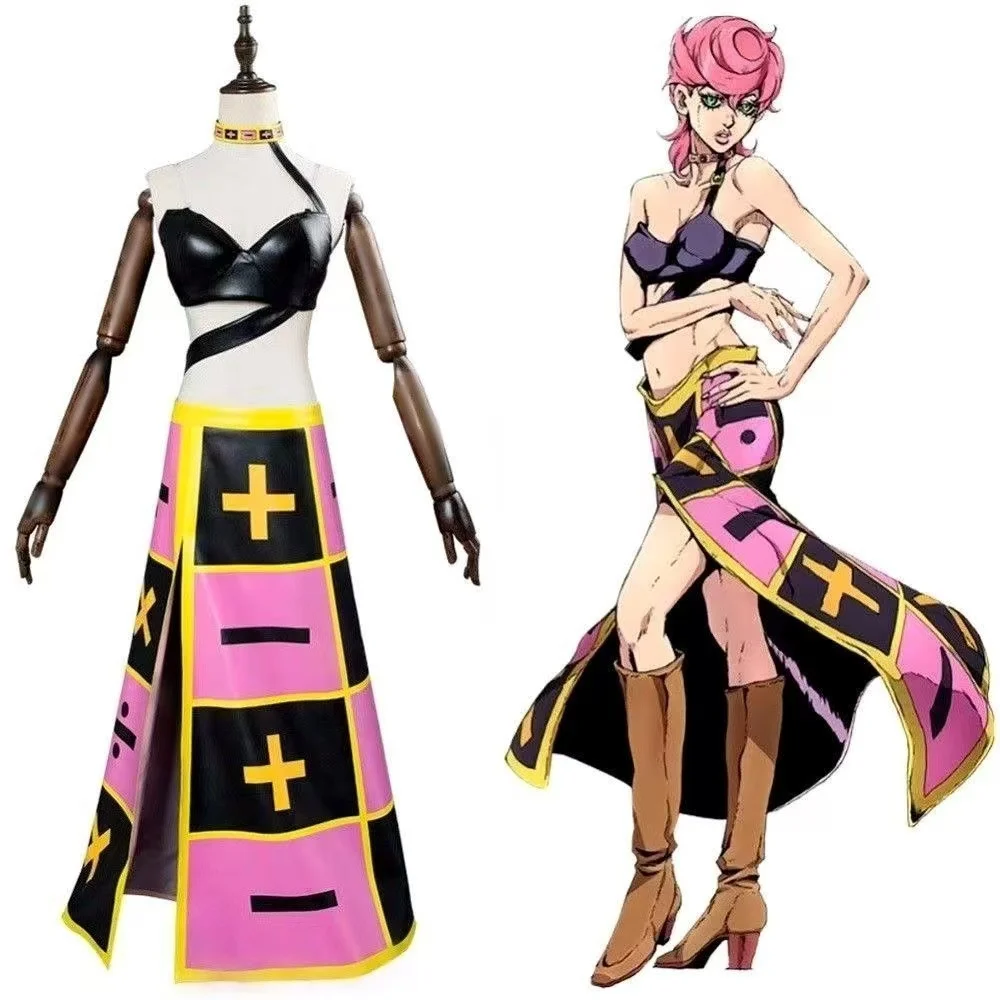 

Trish Una Cosplay Costume Set JoJo's Bizarre Adventure : Golden Wind Outfit Pink Black Checkered Skirts Suit For Halloween Party