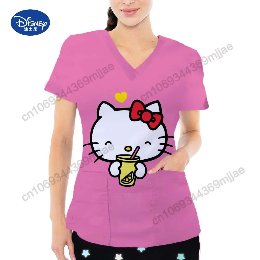 2024 New Popular New V-neck Large Pocket Cartoon Pattern Comfortable Casual Women's T-shirt Y2K Design Style Nurse's Clothing