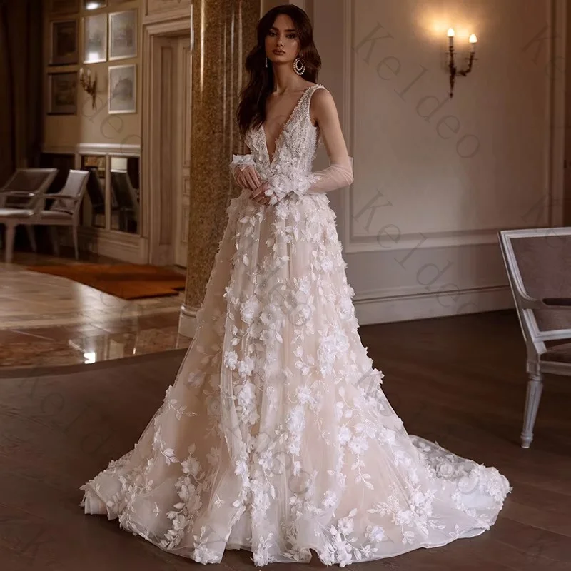 Customized Exquisite V-Neck A-Line Sleeveless Wedding Dresses Fashion 3D Flower Lace Beading Open Back Floor-Length Bridal Gowns