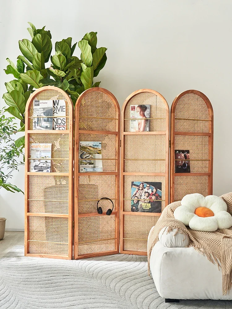 Japanese style screen partition living room rattan modern minimalist small household folding mobile bookshelf porch fold screen