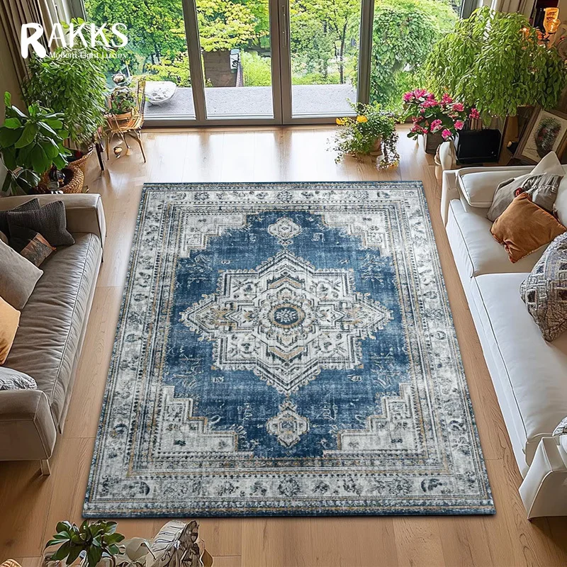 RAKKS Tappeto mandala marocchino in velluto blu, antiscivolo, antiscivolo, facile da pulire, ideale per aree ad alto traffico nel soggiorno, nella camera da letto