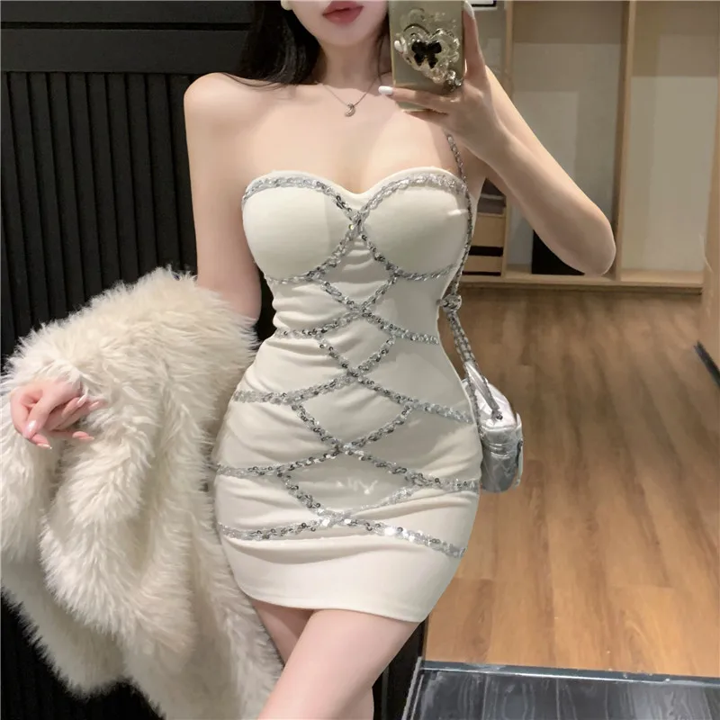 Sexy Frauen Liebsten Pailletten Bleistift Party Kleid Neue Herbst Winter Blau Weiß Bodycon Kurzes Kleid Mode Schlank Bodenbildung Kleid