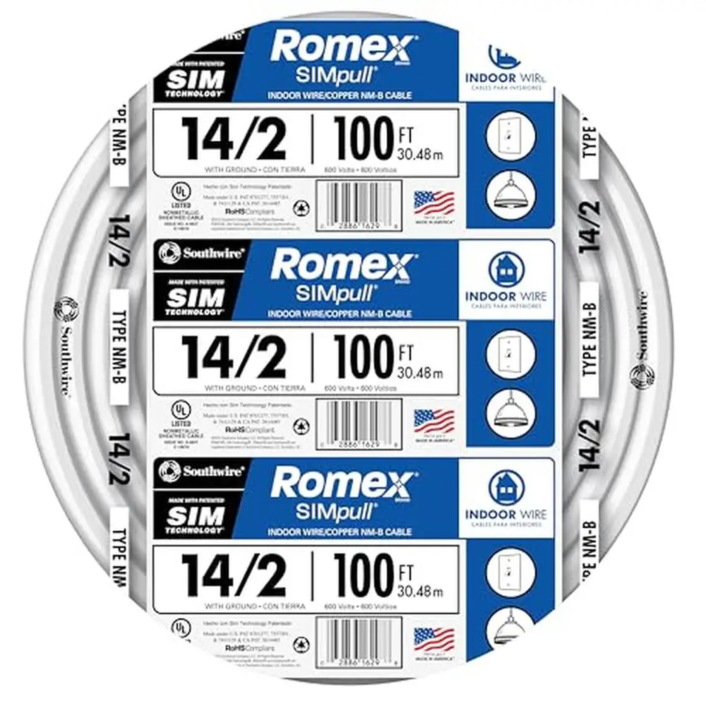 100ft Romex Brand Simpull Solid Indoor 14/2 W/G NMB Cable Coil Copper Building Wire Residential Wiring Solution